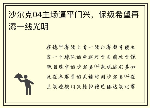 沙尔克04主场逼平门兴，保级希望再添一线光明